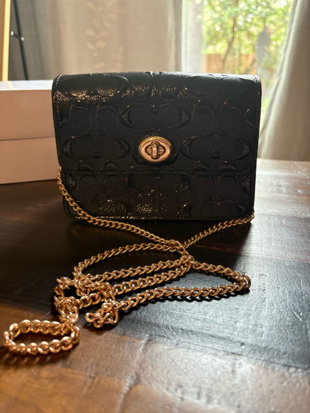 Coach Black Patent Signature Crossbody with Gold Chain